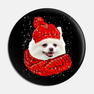 White Pomeranian Wearing Red Hat And Scarf Christmas Pin