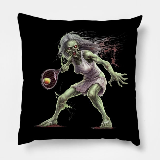 Zombie Smash 'n' Serve: Undead Tennis Ace Pillow by MerlinArt