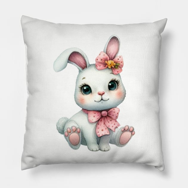 Cute rabbit with pink bows watercolor painting Pillow by Kontrix