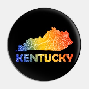 Colorful mandala art map of Kentucky with text in blue, yellow, and red Pin