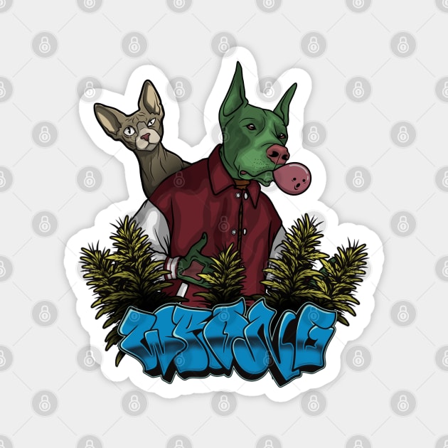 Crazy Dog with Cat in Bush Magnet by Wrongteeshirt