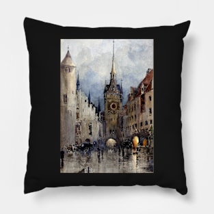 Street Scene In Munich By Ross Turner Digitally Enhanced Pillow