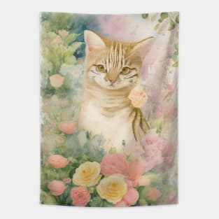 Tabby Cat in the Flower Garden Tapestry
