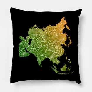 Colorful mandala art map of Asia with text in green and orange Pillow