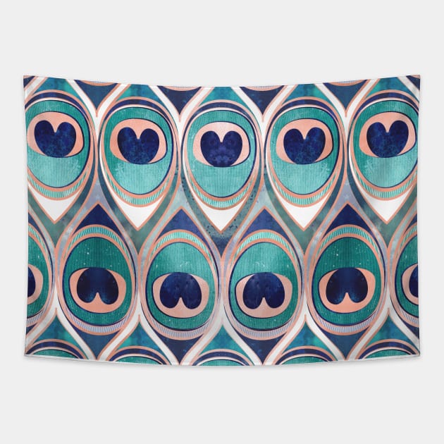 Peacock Feathers Eye // pattern // teal blue and metal coral rose Tapestry by SelmaCardoso