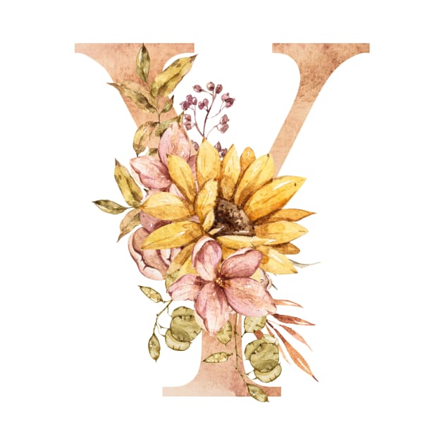 Watercolor sunflower bouquet monogram letter Y by tiana geo