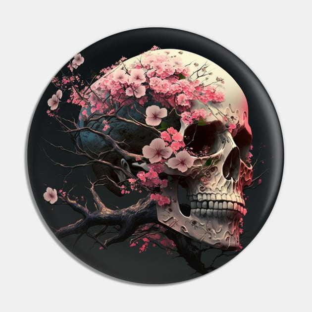 Skull Cherry Blossom Pin by gibah