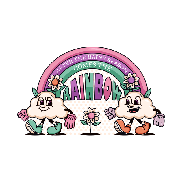 Rainbow and a pair of clouds fun cartoon mascots by Vyndesign