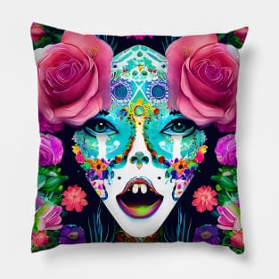 Day of the Dead Inspired Painted Woman Face with Flowers Pillow