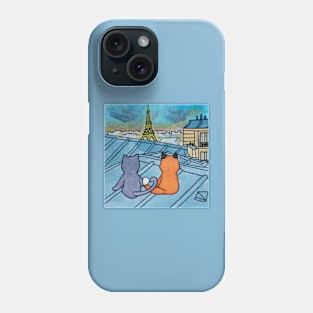 Cat and fox eiffel tower paris roofs watercolor illustration Phone Case