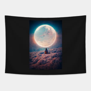 Spaceman sitting on clouds in front of moon Tapestry