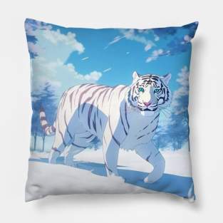 Majestic White Tiger in Snow Landscape - Anime Wallpaper Pillow