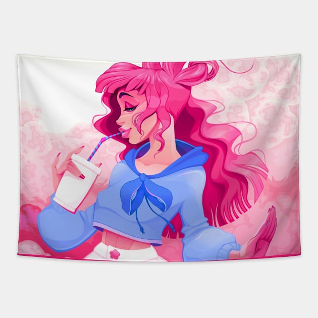 Beautiful girl is drinking by a straw in a pink atmosphere Tapestry by ddraw