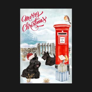 Scottish Terriers Merry Christmas Santa Dog Holiday Greeting T-Shirt