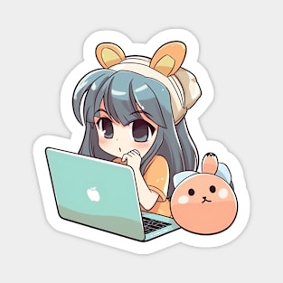 Kawaii Anime girl using laptop Magnet