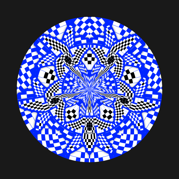 Blue Black and White Checkered Circular Mandala by SeaChangeDesign