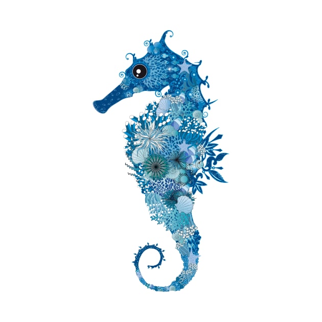 Seahorse with corals, shells and sea anemones by Kisho