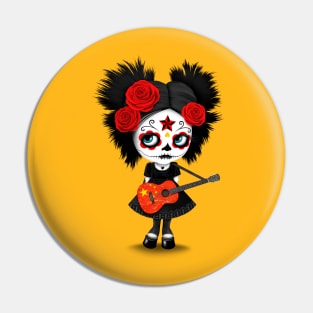 Sugar Skull Girl Playing Chinese Flag Guitar Pin