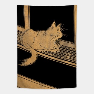 Maine Coon Cat on Windowsill Linocut in Gold and Black Tapestry