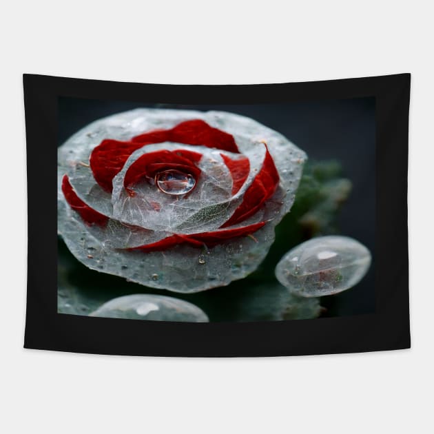 Red And White Rose With Raindrops, Macro Background, Close-up Tapestry by Unwind-Art-Work