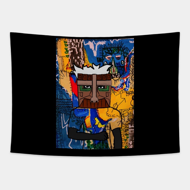 Urban Male Character with Hawaiian Mask, Dark Eyes, and Gray Skin Tapestry by Hashed Art