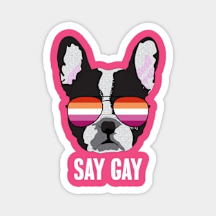 Funny Lesbian SAY GAY - Boston Terrier Dog Lesbian Pride Flag Magnet