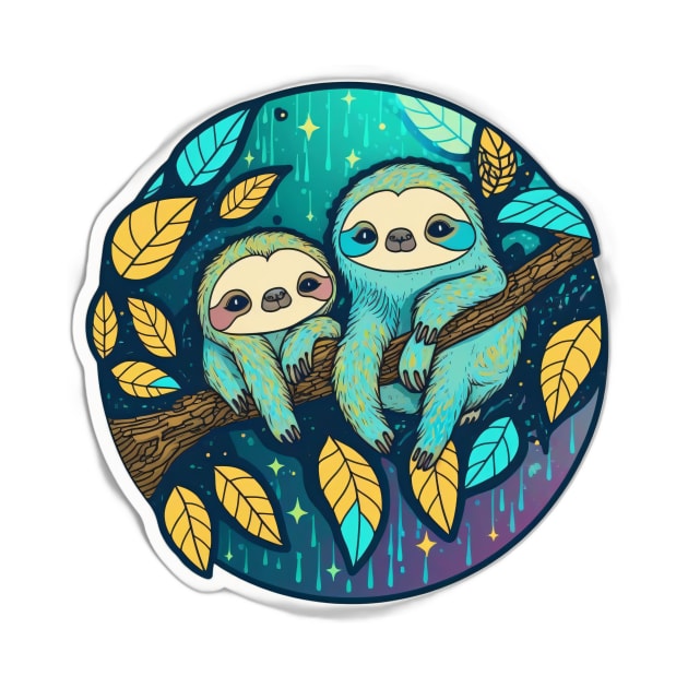 Cool Blue Sloths Hanging in Tree by Remix Rick