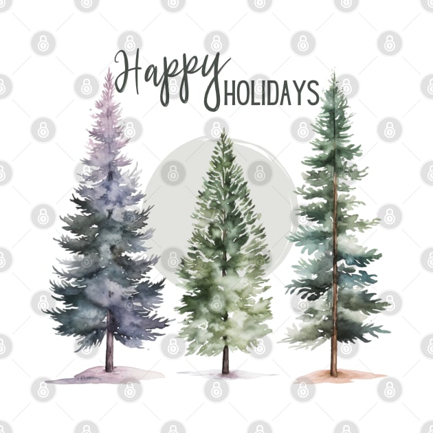 Three Tall Pine Tree Happy Holidays Watercolor by mw1designsart