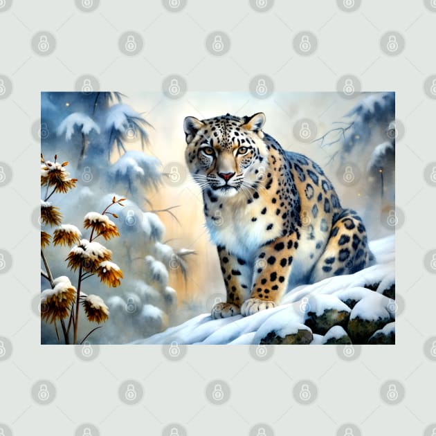 A Proud Snow Leopard Went Hunting, in the Snowy forest, Hight Mountains, Snow Falling, Winter Landscape, Wildlife White Pantera, Watercolor Realistic Illustration, Art, Portrait, Poster, Shirt, Christmas by sofiartmedia