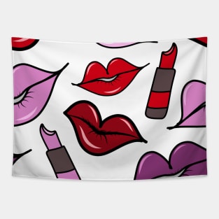 Pink, Red, and Purple Lips and Lipstick Doodle Pattern, made by EndlessEmporium Tapestry