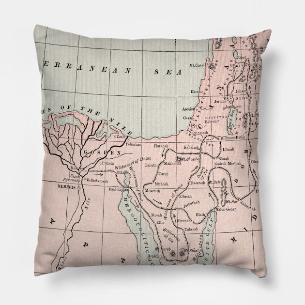 Old Hebrew Exodus Out of Egypt Map (1901) Vintage Biblical Routes of Moses & The Israelites Atlas Pillow by Bravuramedia