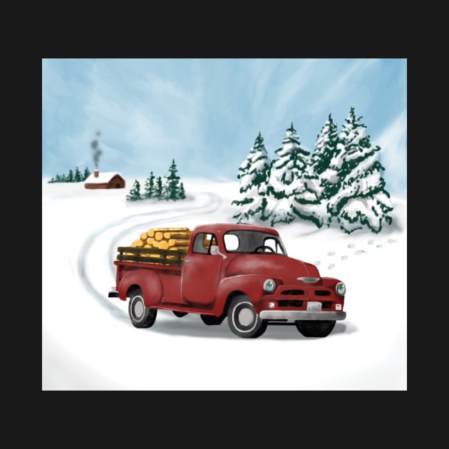 Little Red Truck gathering wood in winter by CarynsCreations