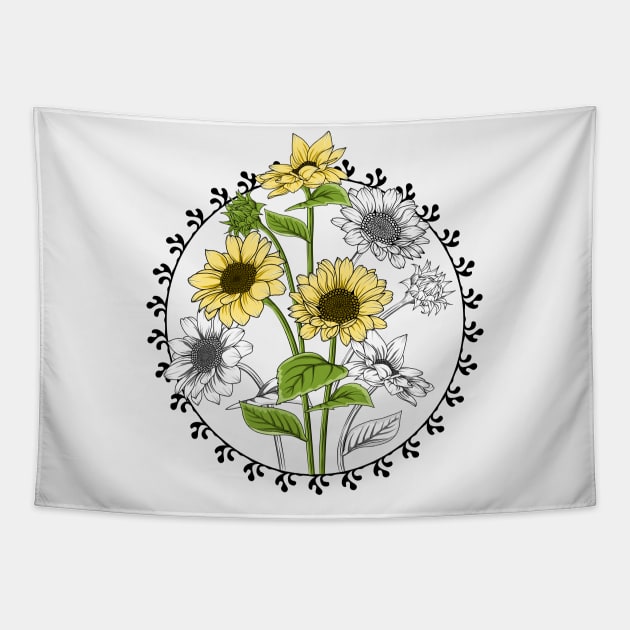 Sunflowers Line Art Design Tapestry by Designoholic