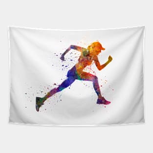 Woman runner jogger jumping Tapestry