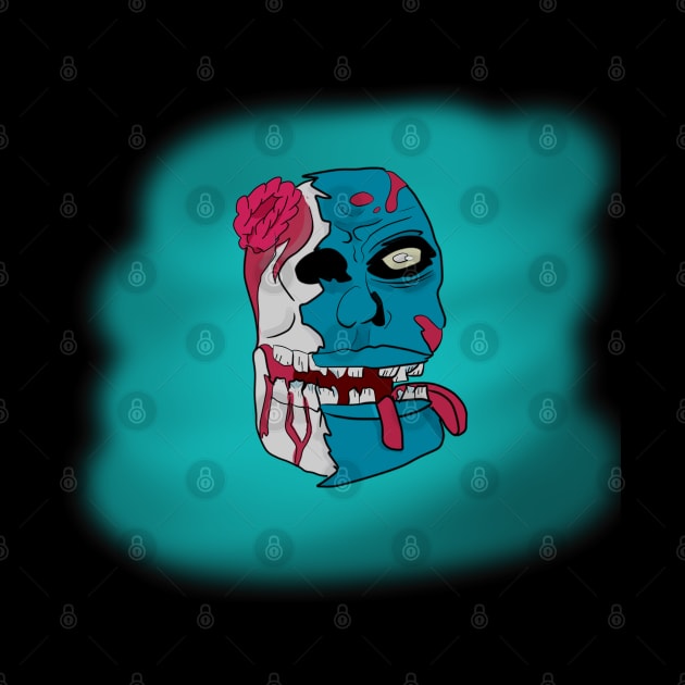 Neon blue zombie head with brain by Slynado