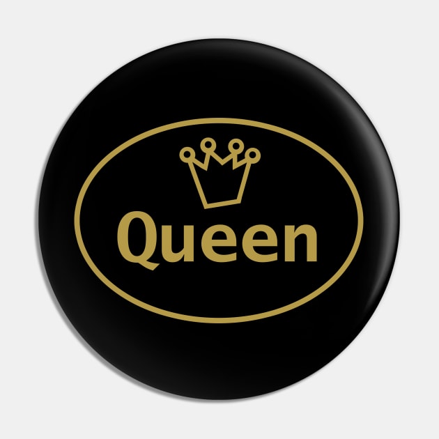 Gold Queen and Crown on Black Oval Pin by ellenhenryart