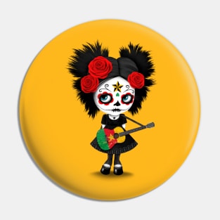 Sugar Skull Girl Playing Cameroon Flag Guitar Pin