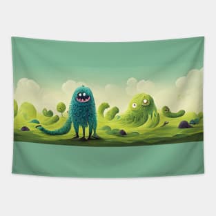 Panorama of cute green monsters in nature Tapestry