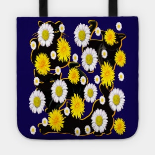 Black Cat silhouette on top of wildflowers feelings pattern black cats  among dandelions And daisies floral bright flowers of spring and summer Tote