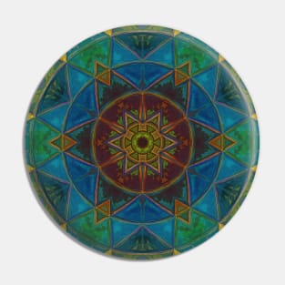 Mosaic Kaleidoscope Flower Blue Yellow and Green Pin