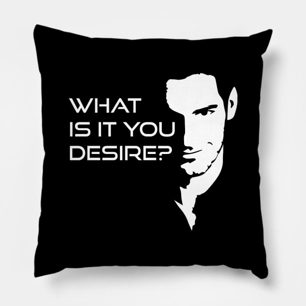 Lucifer Morningstar What Is It You Desire Pillow by poppysymon