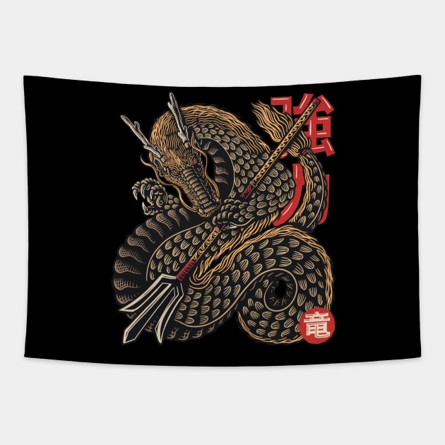 Mythical Dragon Warrior Japan Tapestry by MANASUKA