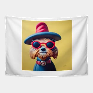 Yorkie Terrier wearing red glasses and blue clothes Tapestry