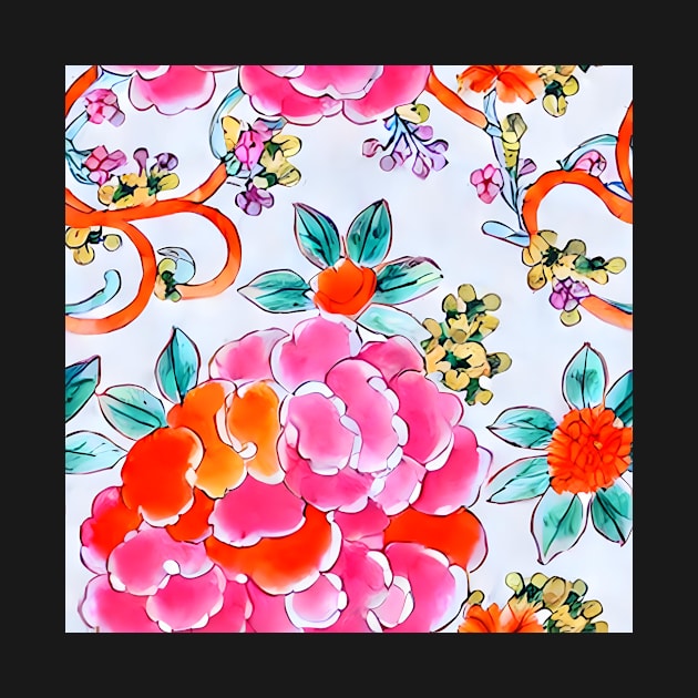 Pink and orange chinoiserie roses and leaves seamless pattern by SophieClimaArt