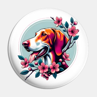 Joyful Hanoverian Scenthound Amidst Spring's Cherry Blossoms Pin