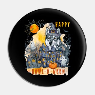 Siberian Husky Happy Howl-o-ween Ghost Houses Funny Watercolor Pin