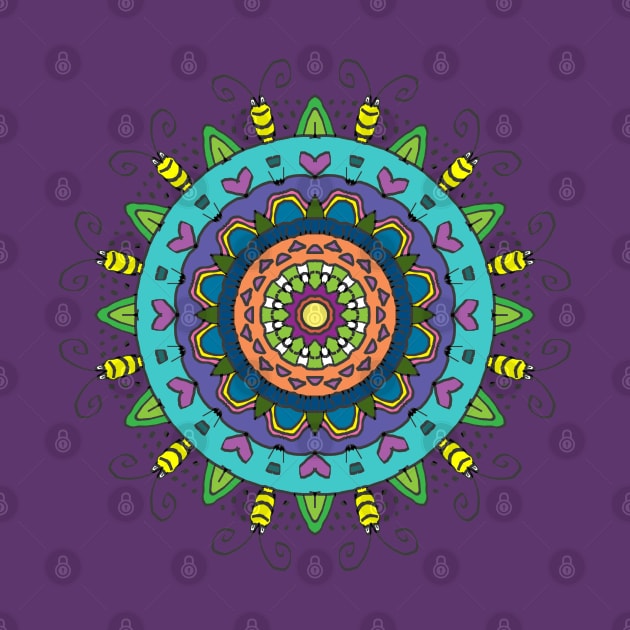 Colorful Mandala with Hearts and Bugs on Purple by karenmcfarland13