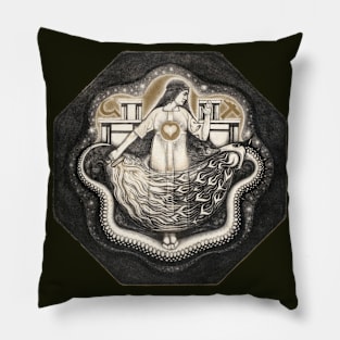 Figure with a firey sword taming the serpent Pillow