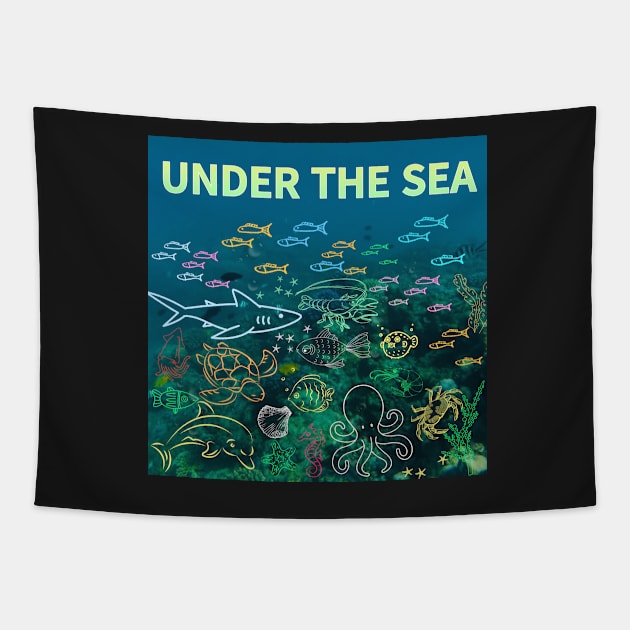 under the sea,blue sea,sea creatures,Turtle, puffer fish, starfish, shrimp, shark, tropical fish, sea horse, seaweed, sardines, squid, crabs, clams Tapestry by zzzozzo