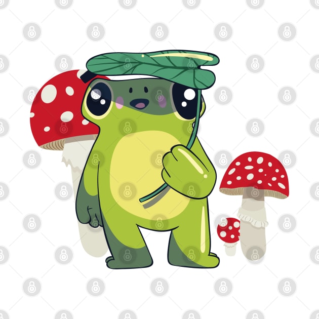 Cute Frog with Leaf Umbrella and Mushrooms Cottagecore by uncommontee